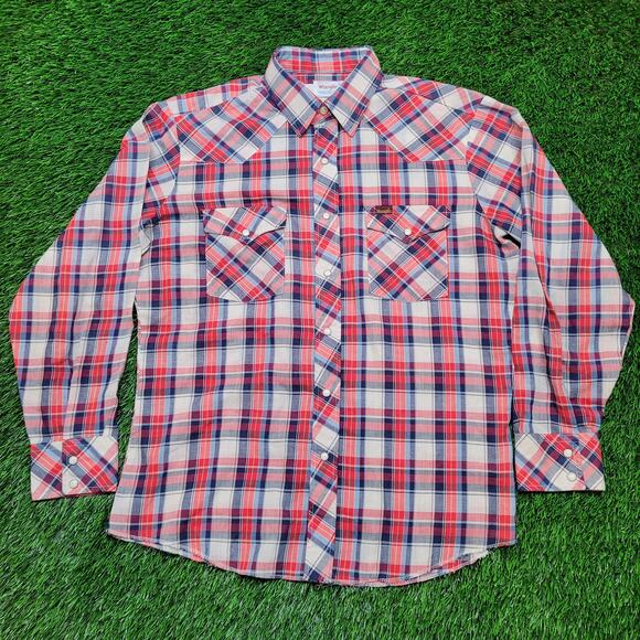 Vintage 80s Wrangler Pearl Snap Western Shirt Mens L USA Made Cowboy Rodeo - Picture 1 of 11